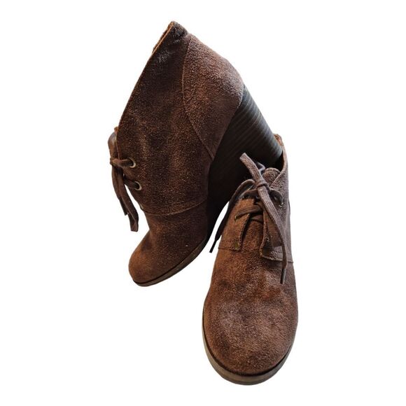 Lucky Brand Brown Suede Leather Booties Lace Up Wedge Heel Boho Women’s Size 7 - Picture 4 of 10